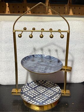 Gold Two-Tier Blue Patterned Ceramic jewelry Stand